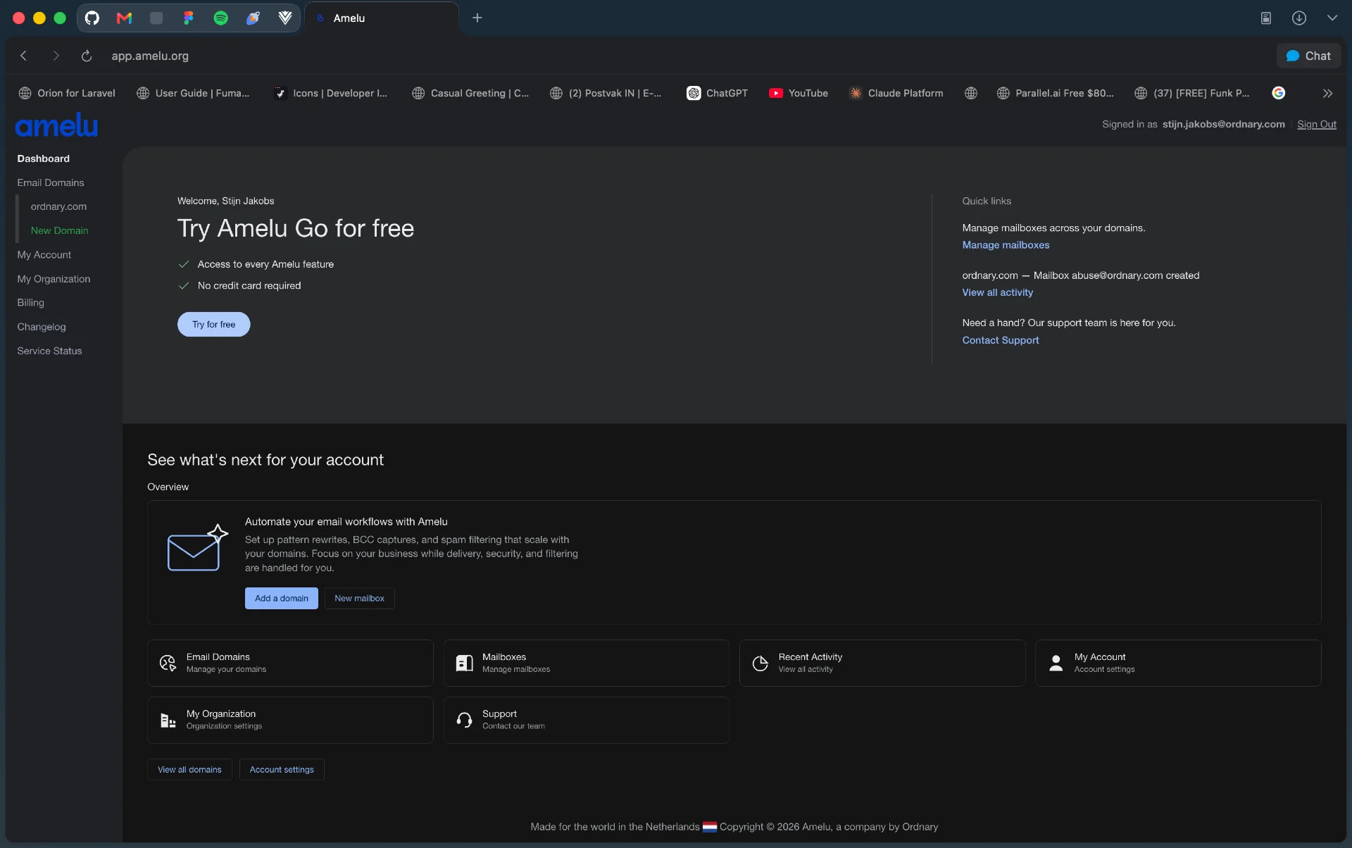 The Amelu dashboard, showing domains, mailboxes and account overview